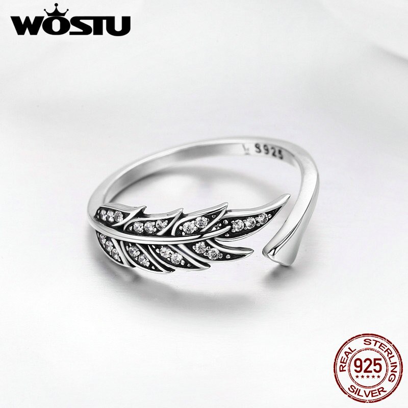 WOSTU NEUE 925 Sterling Silber Jahrgang Stil Blätter, klar CZ Einstellbar Ringe für Frauen S925 Silber Schmuck CQR313