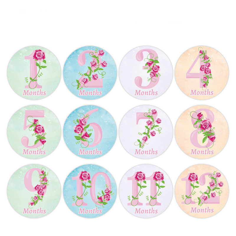 12 unids/set/set etiqueta de número de flores de enero a diciembre, decoración de de cumpleaños de bebé, colorido, pegatina de crecimiento de registro de mes: A 12pcs