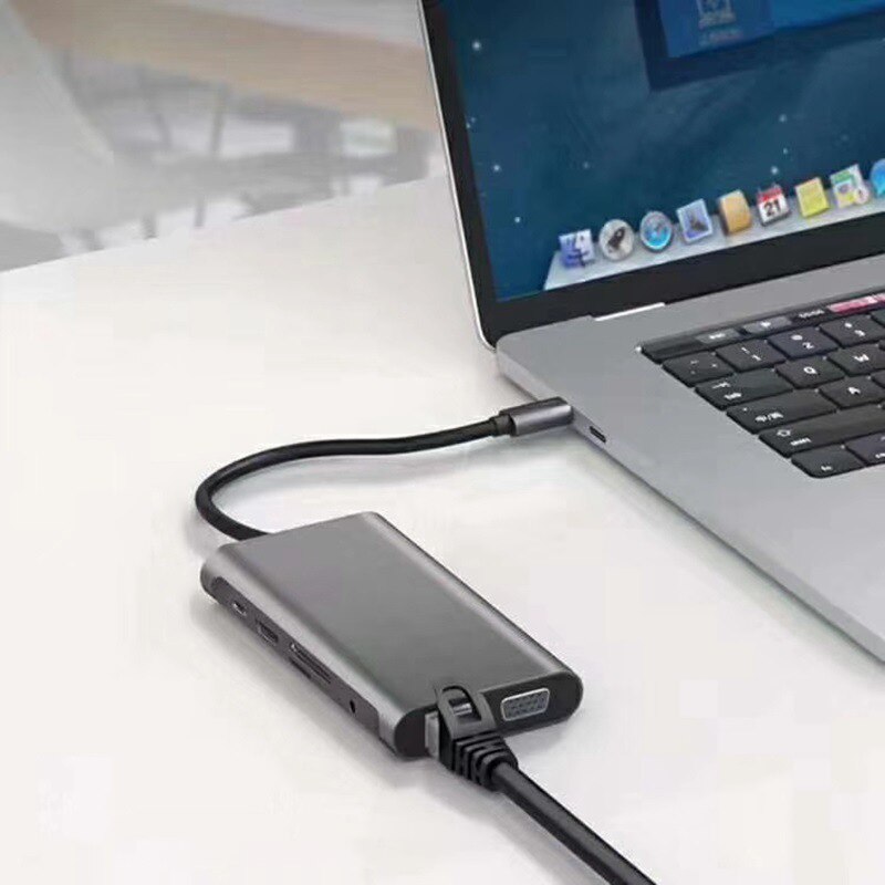 10In1 Type C HUB to 3.0 USB HDMI VGA USB HUB for Pro Accessories USB Splitter Multi 10 Ports USB C Hub Docking Adapter