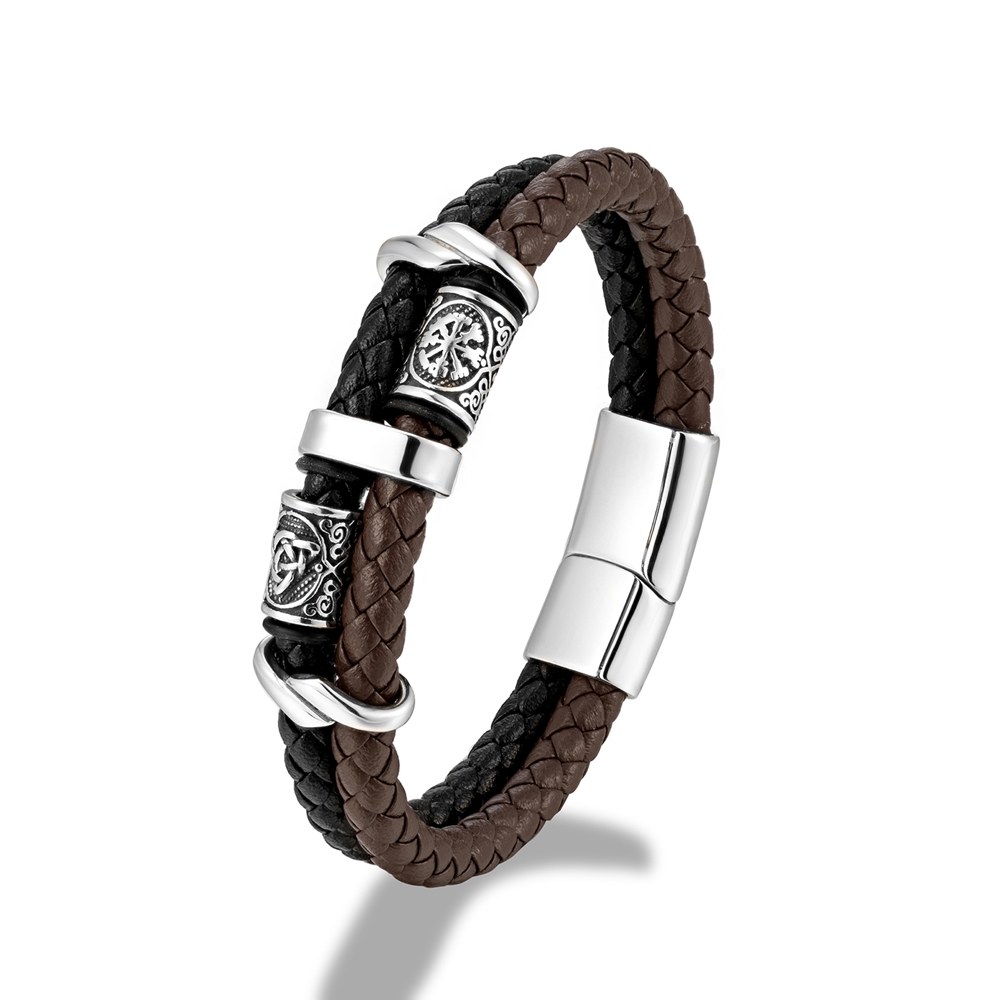 Mkendn punk vikingstil rustfritt stål kompass norrøne runer amulettperler flettet flerlags lærarmbånd mann pulsera: 19cm / Vermeil