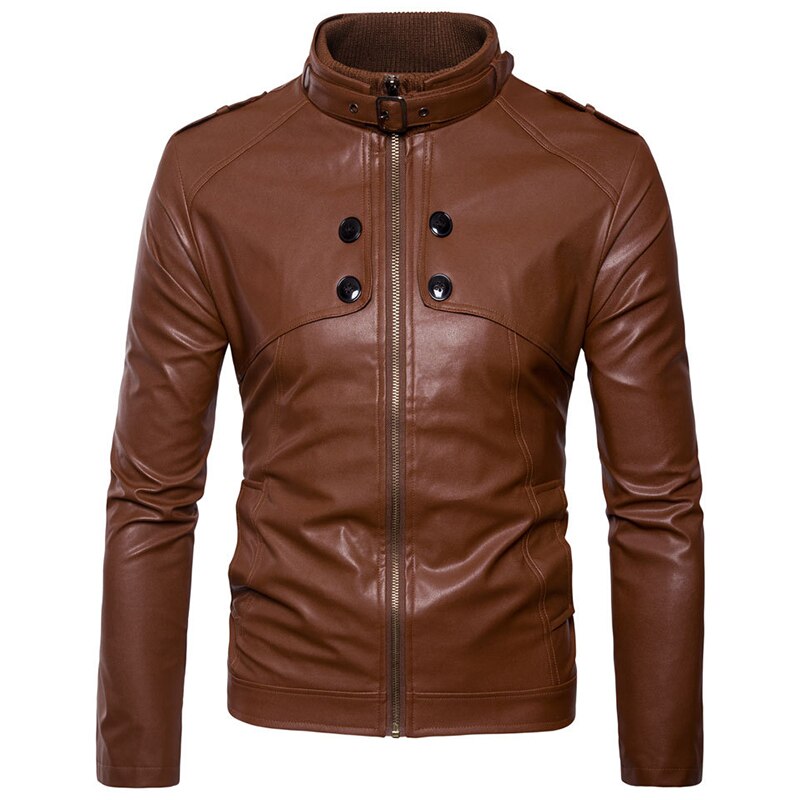 Men's leather blazer jacket body buttons business casual coat men's suit spring PU leather jacket: Coral Red / L