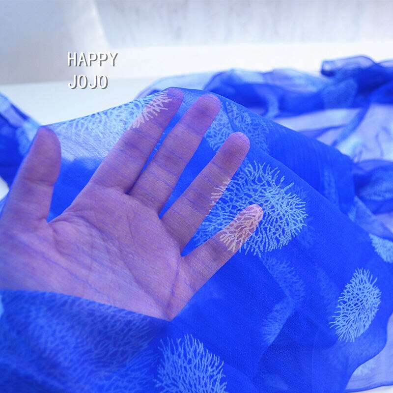 Naturligt silke diaphan tørklæde til kvinder trykt kongeblå wrap blødt lys meget tynd forår sommer afslappet sjal til dame