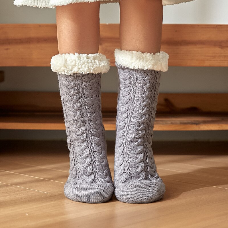 Winter Thick Warm Fluffy Floor Socks For Women Sneakers Kawaii Acrylic Cotton Wool Non-Slip Red Christmas Snow Slippers Socks: light gray