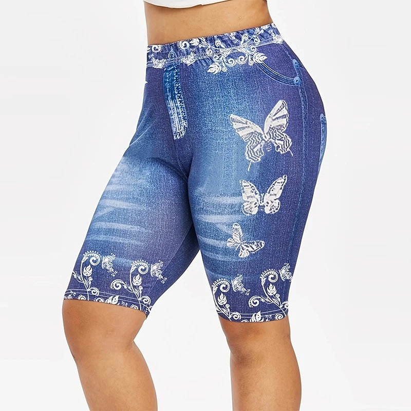 High Waist Women's Leggings Comfy Faux Denim Floral Geometric Patterns Y2K Style - Perfect for Yoga Casual Wear All Seas: S / SKY BLUE