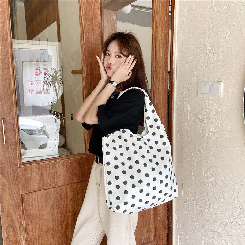 Retro Polka Dot mujeres bolsos de lona estudiante Simple hombro bolsa Vintage de mujer playa Casual bolso bolsas de compras