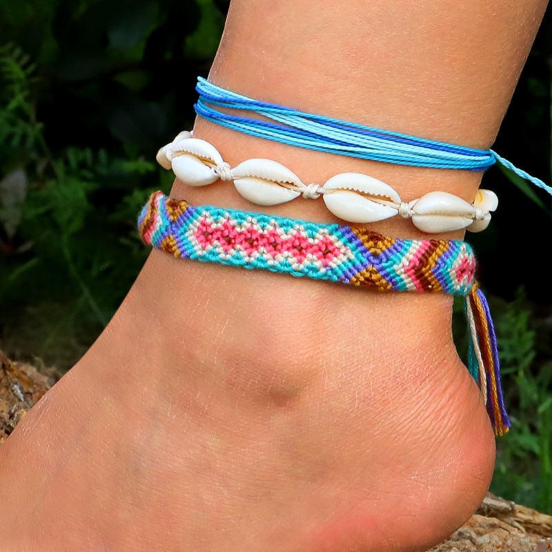 3pcs/set Bohemian Thread Bracelet Beach Foot Shell Anklet Handmade String Cord Woven Leg Bracelets For Women Men Summer Jewelry