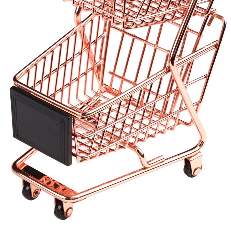 Mini Double Layers Shopping Cart Model Wrought Iron Supermarket Trolley Metal Rose Gold Storage Basket Rose Gold