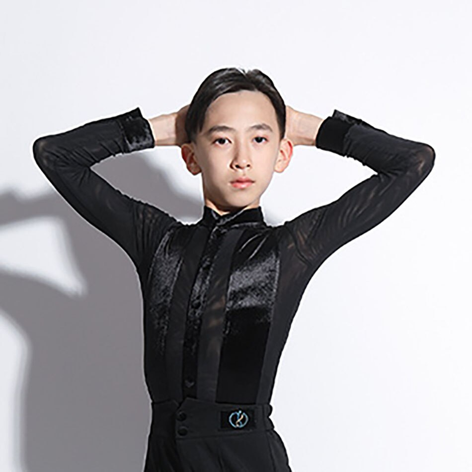 Kids Boys Latin Dance Shirt Button T Shirts Child Autumn Winter Long Sleeves Bodysuit Jazz Rumba Dancewear G7056