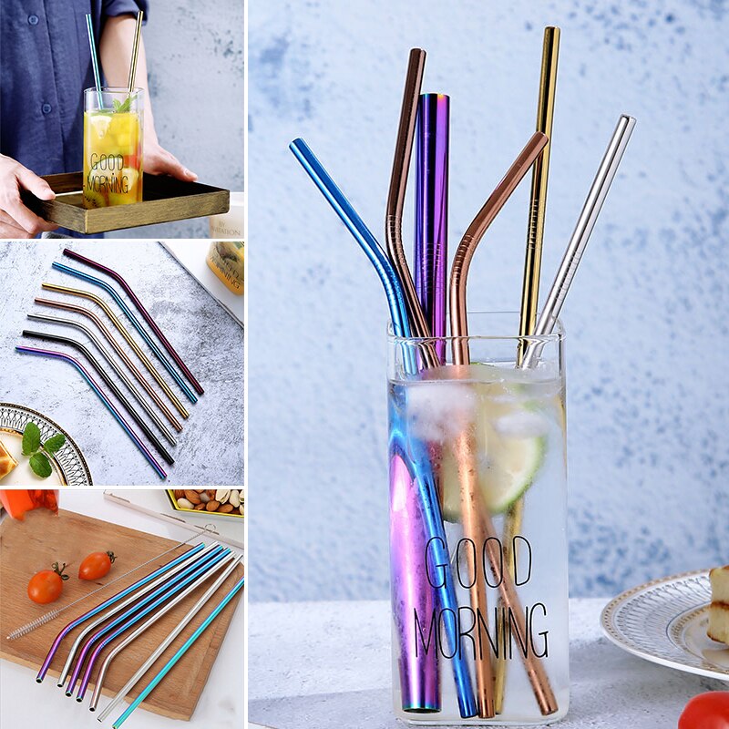 Reusable Metal Drinking Straws 304 Stainless Steel Sturdy Bent Straight Drinks Straw Colourful Party Bar Accessory