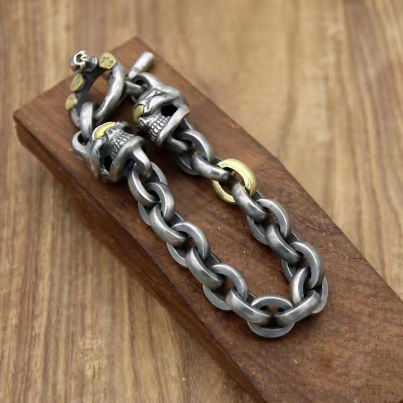 Pulsera de anillo grueso con doble calavera y ojo dorado para hombre y mujer, brazalete Retro, accesorios de joyería hechos a mano,: 18 cm