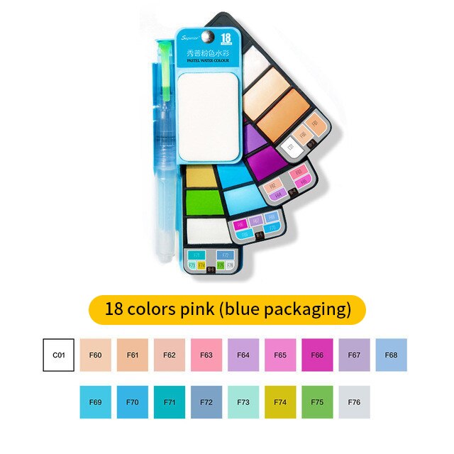 Superior 42Colors Big Set Solid Watercolor Paint With Water Brush Pen Foldable Travel Water Color Pigment For Beginner Student: 18 color blue