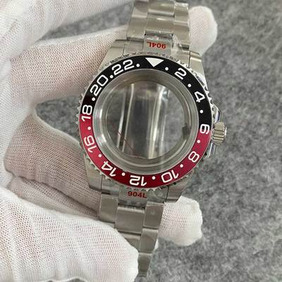 40Mm Transparante Bodem Horloge Case + Zand Riem Strap Extension Gesp Platte Saffierglas Geschikt Voor NH35/NH36 beweging: Black Red GMT