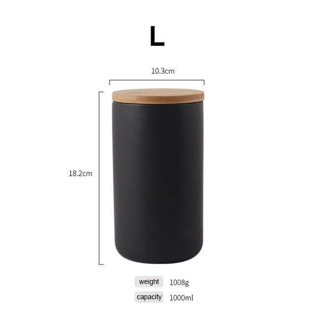 Jarra de cerámica sellada de estilo nórdico para almacenamiento de café, té y cocina, a prueba de polvo, para condimentos sólidos con tapa de Bambú: L-black