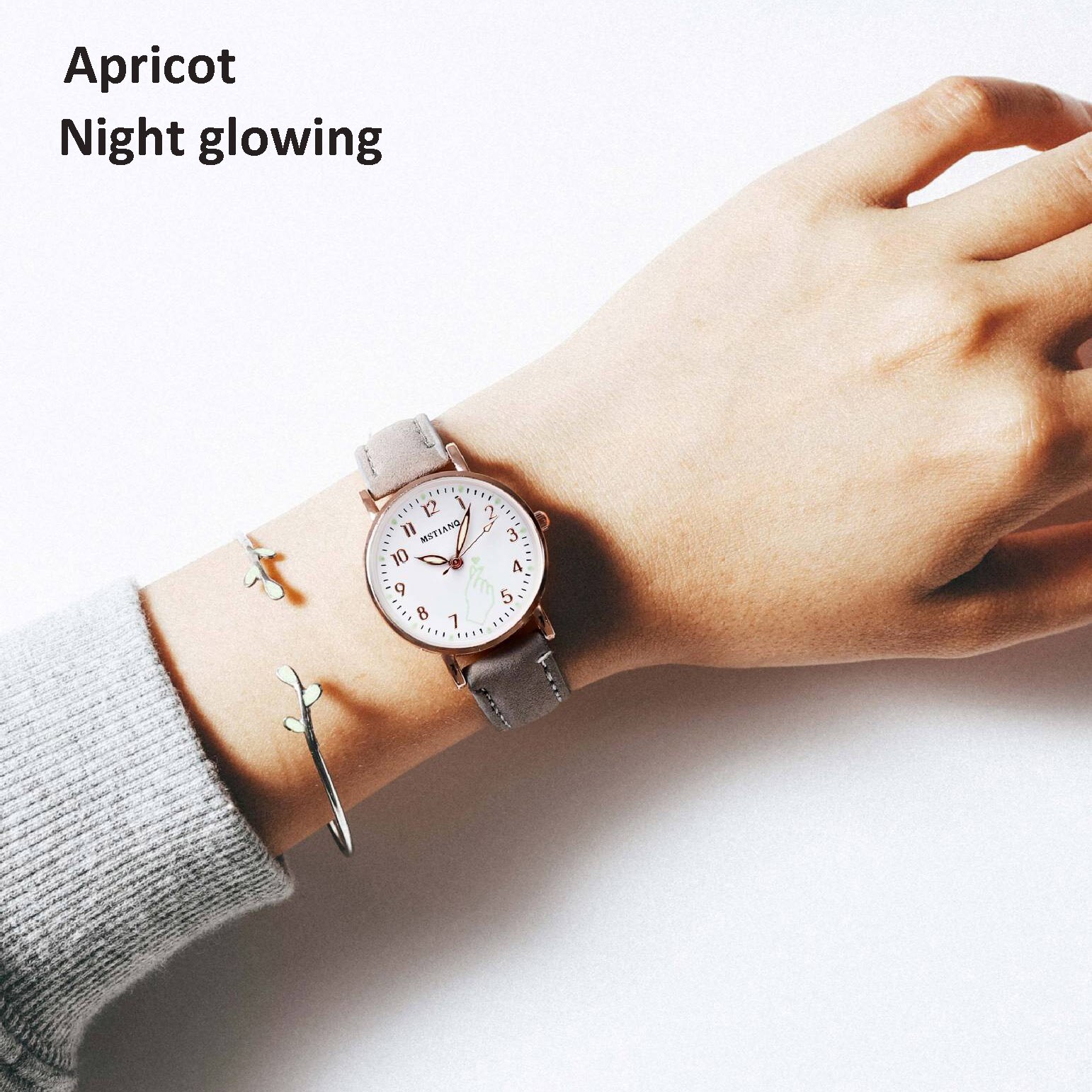 Reloj luminoso de noche brillante para mujer, Relojes de Cuero sencillos y pequeños, caja de reloj de cuarzo, pulsera para niña: Apricot