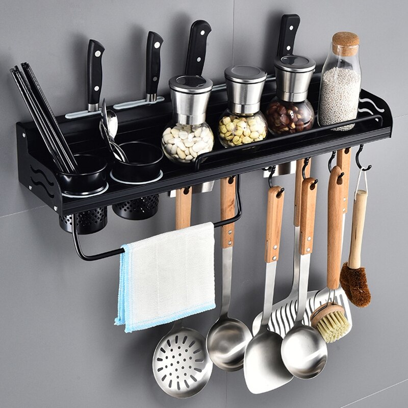 Zwarte wandmontage keuken opbergrek plank keukengerei bestek houder organizer