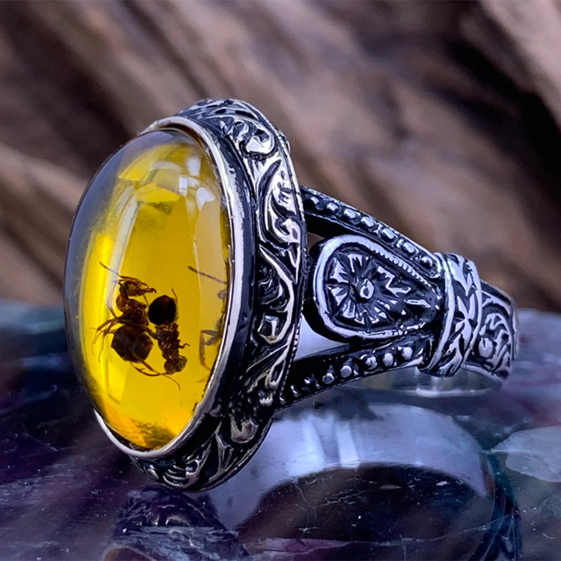 Vintage Grote Ovale Natuurlijke Agaat Ringen Heren Vintage Ingelegd Geel Amber Mier Ringen Voor Bruiloft Sieraden: 12 / green