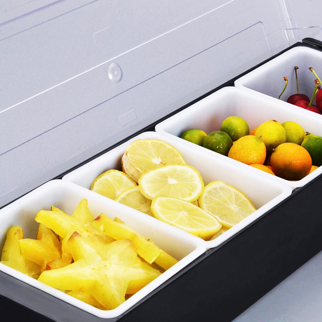 Bar Top Food and Condiment Dispenser 4 Tray Plastic Garnish Station for Serving, Bartending, and Salad Prep Tools