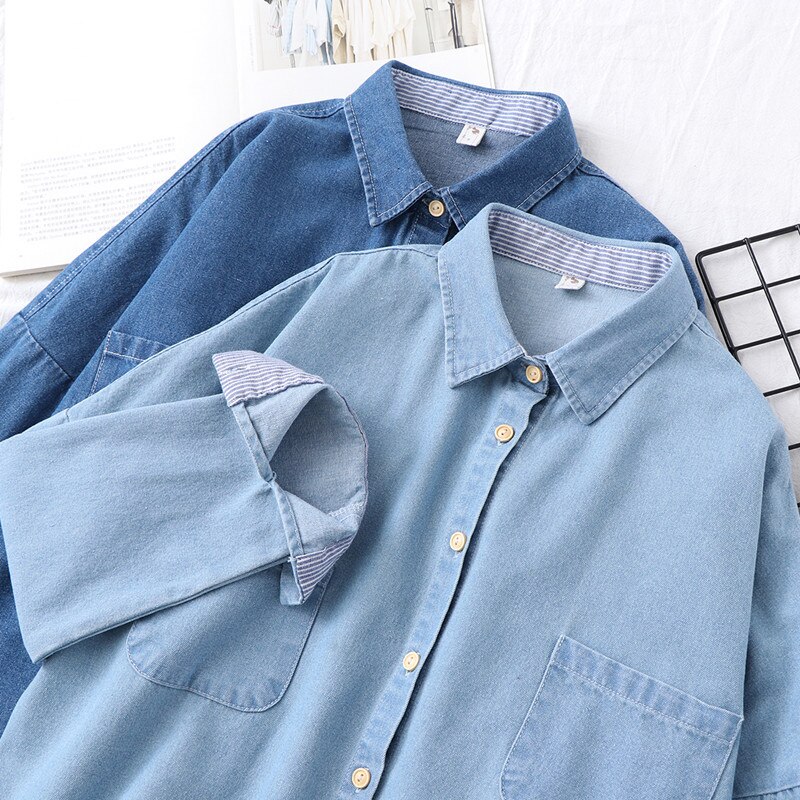 H.sa forårs jeans blusa og skjorter lange ærmer oversized knap sommer toppe denim outwear koreansk lomme camisas mujer femme