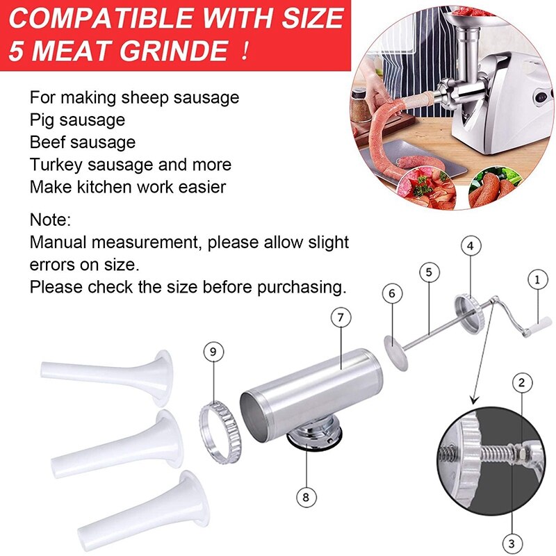 9Pcs Plastic Sausage Stuffer Tubes Funnels Sausage Filling Tool for Size 5 Meat Grinder Food Grinder 1.5cm,1.9cm,2.3cm