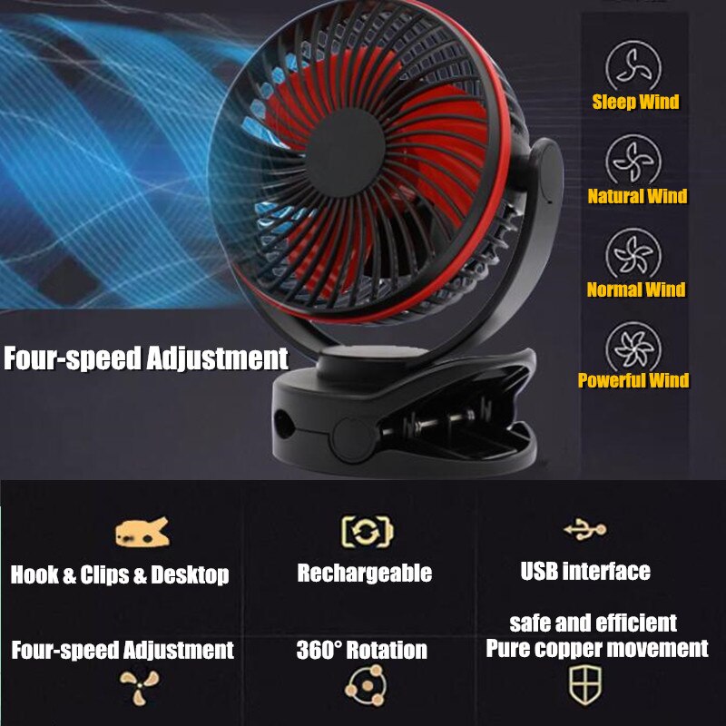 7 " krachtige wind-usb-ventilator, ,3600 mah oplaadbare batterij, 4- snelheidsaanpassingen met verlichting, 360 rotatiehaken, clips en bureauventilator