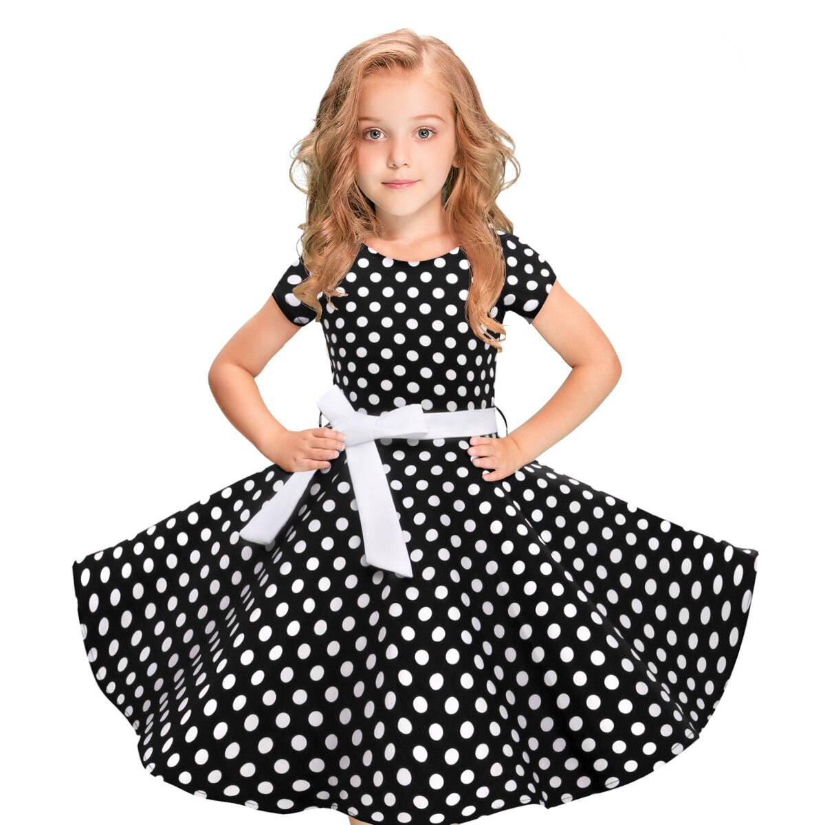 40# Kids Girls Vintage Dress Polka Dot Princess Swing Rockabilly Party Dresses Kids Girls Children's Clothing Платье Для Девочки: Black / 120