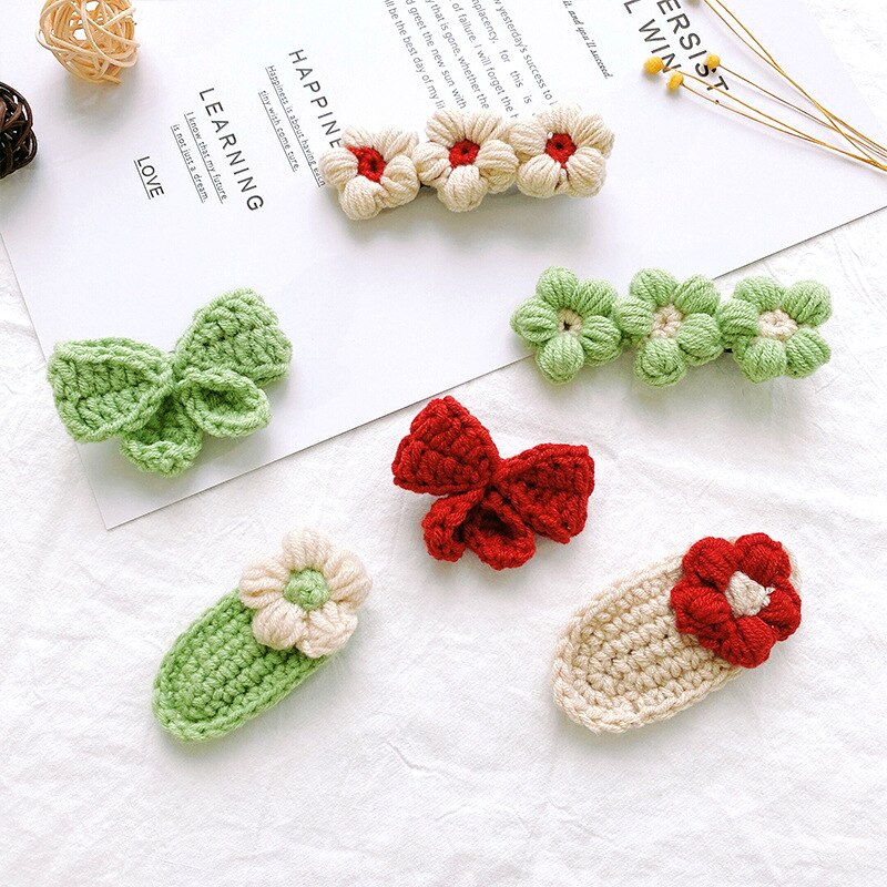 Horquillas con lazo de flores para bebé, pinzas para el pelo de lana tejidas a mano, accesorios para el cabello de niña pequeña, accesorios para el invierno