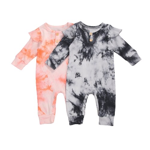Focusnorm Tie-Dye Gedrukt Baby Meisjes Jongens Rompertjes Lange Mouwen Kleurverloop Knop Geribbelde Sluiten Lente Kleding