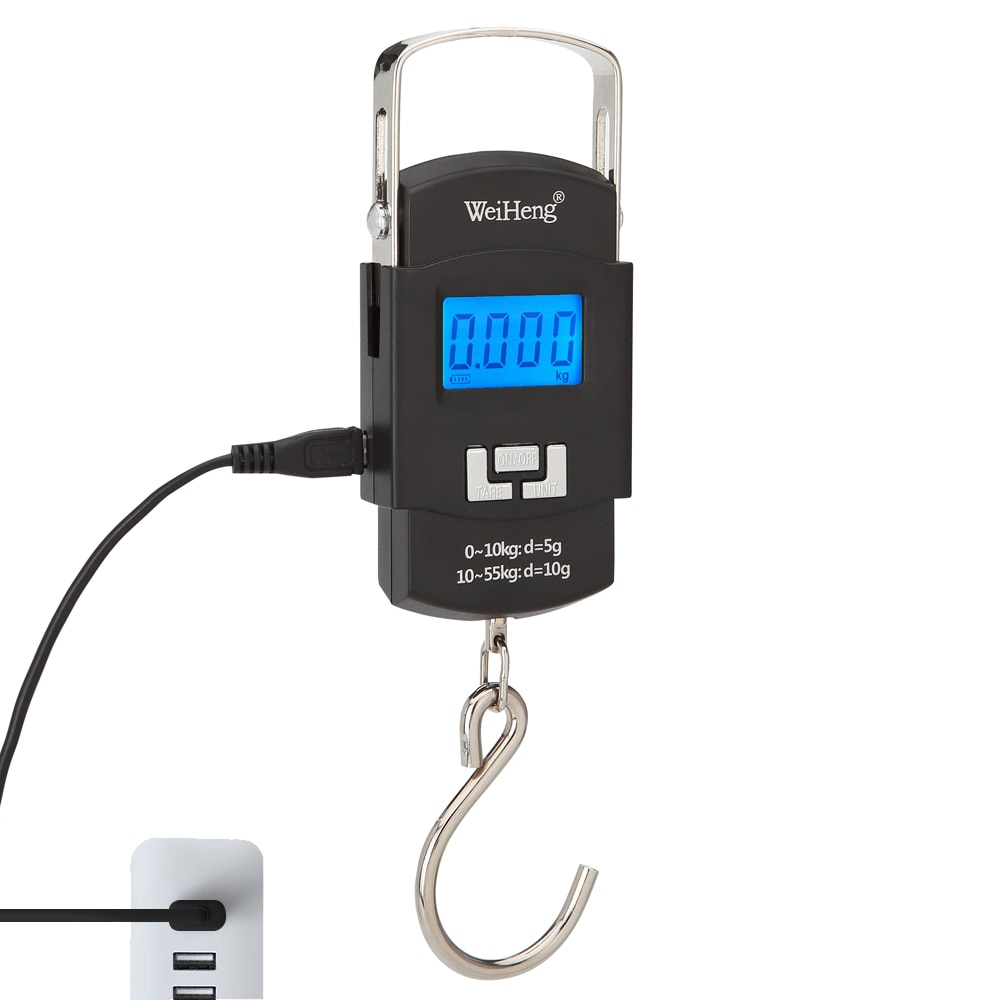 Báscula electrónica portátil recargable WeiHeng WH-A25, báscula de equipaje con pantalla LCD, conversión de múltiples unidades, almacenamiento retráctil
