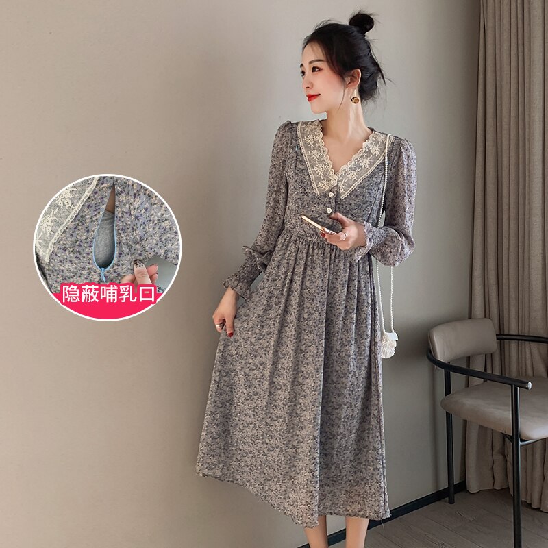 Herbst Schwangere Still Kleid mit Invisible Zip Fly Spitze V-ausschnitt Mutterschaft Chiffon Pflege Kleid Stillen