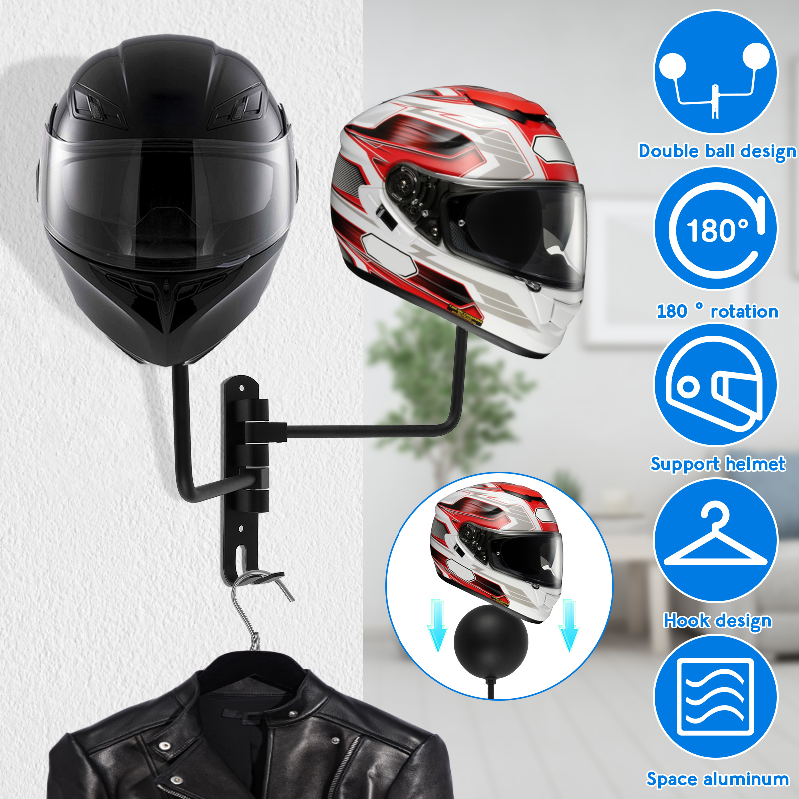 Motorradhelmständer 180 ° Rotierender, ein der Zauberstab montierter Helmständer mit Doppelhaken, Fahrradhelmständer, Präsentationsständer, abnehmbar