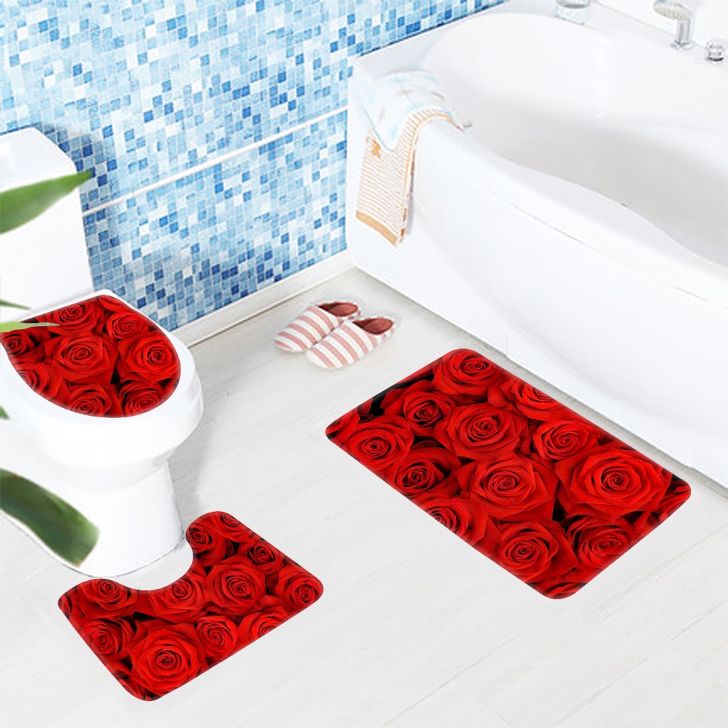 3 Pcs Bath Mat Set Rose Pattern Toilet Mat for Three Sets of Bath Mat Anti Slip Bathroom Rugs and Carpets
