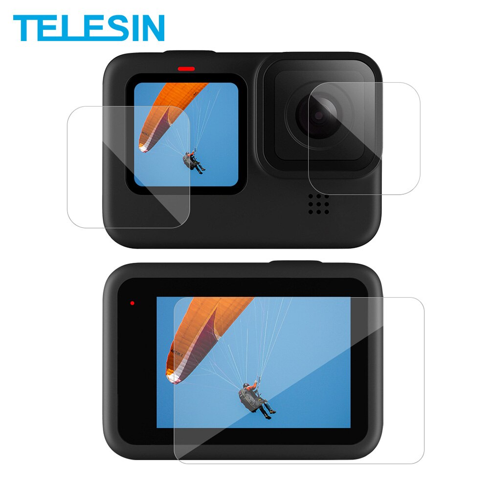 Telesin 3 stk herdet glassskjerm + objektivbeskyttelsesfilm 2.5d ultratynn full dekning til gopro helt 9 svart kamera tilbehør