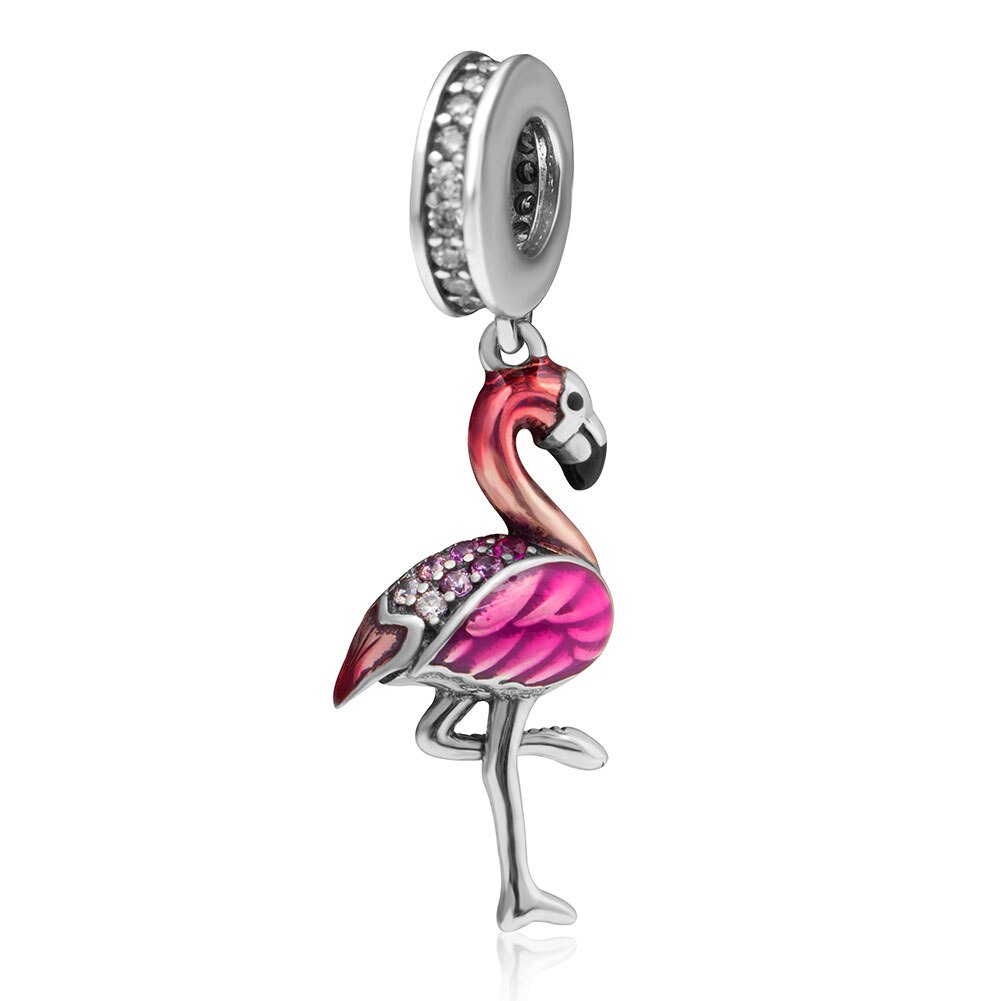Novo 925 Sterling Silver Bead Rosa Flamingo & Papagaio Colorido Pingente Encantos De Cristal Beads Fit Pulseiras Jóias Originais: bird