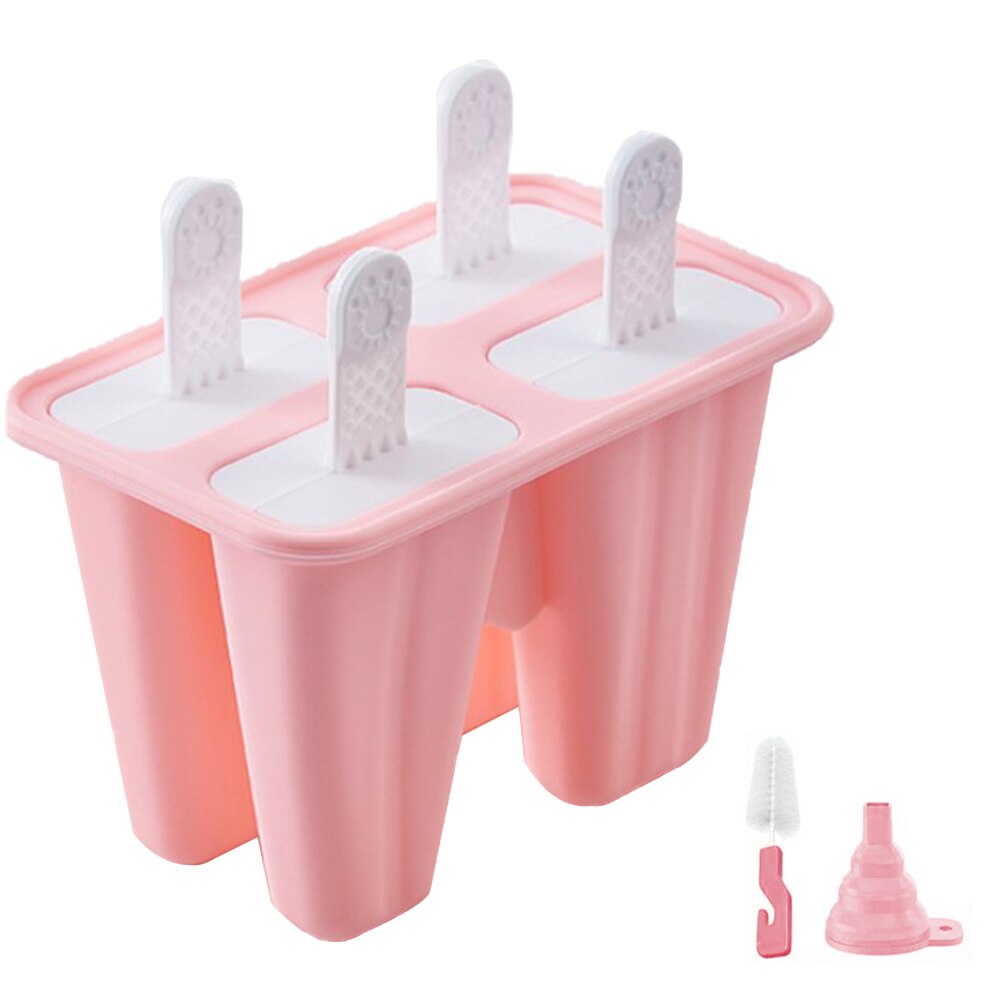 Molde de silicona reutilizable para hacer helados para niños, 4 cavidades, herramientas de bricolaje con embudo y cepillo de limpieza, barra, 3 uds.: pink