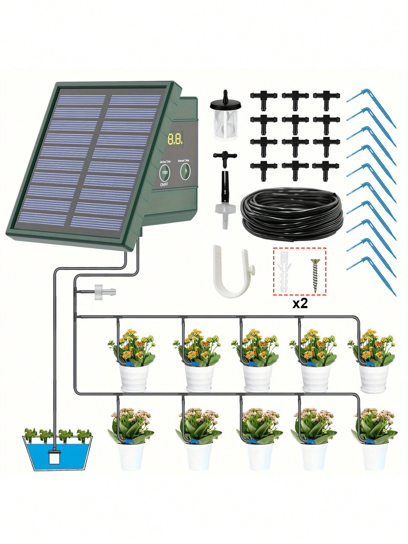 Högpresterande solcellsdrivet droppbevattningssystem för trädgården - olika tidsmodeller att välja mellan, automatiskt växtbevattningskit, för upp till 10 krukväxter, med solcellsladdare och vattennivåindikator, perfekt för inomhus- och utomhusbruk