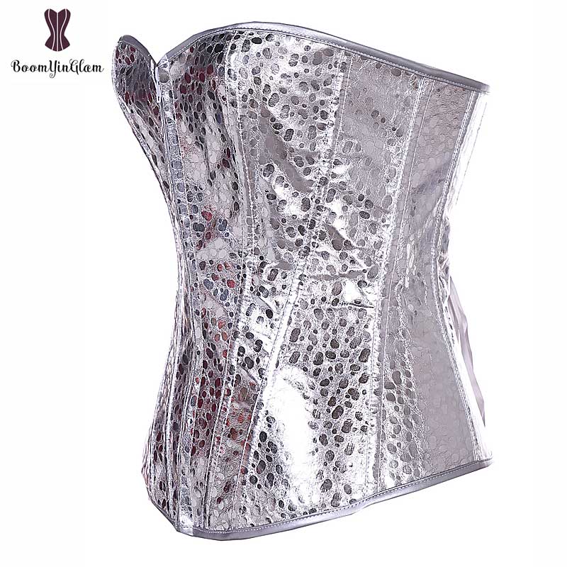 Silver Corset Top Shining Twinkle Faux Leather Overbust Bustier Front Zipper Blink Corselet Elastic Boned Gothic Clubwear Korset