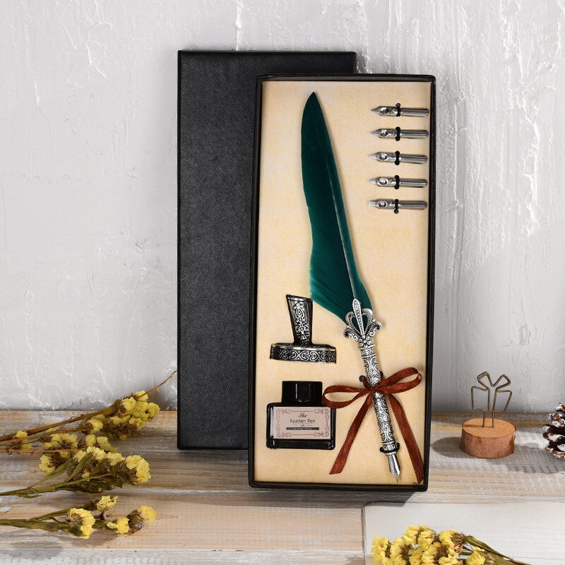 Vintage Antique Feather Dip Pen Metal Nibbed Ink Writing Quill Pen Retro Scrapbooking Feather Pen Set Birthday: 16