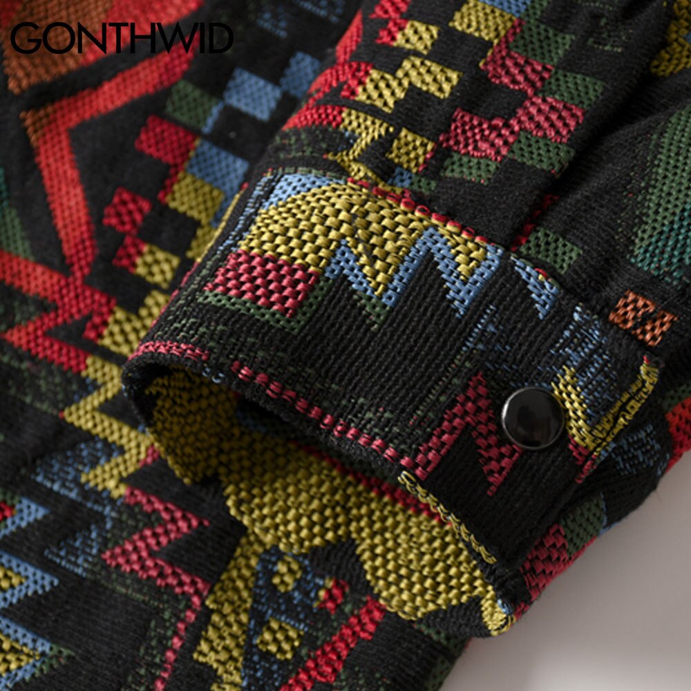Gonthwid sørvestlige aztec tribal indian button skjorter streetwear hip hop geometri mønster casual langermet skjorte topper strøk