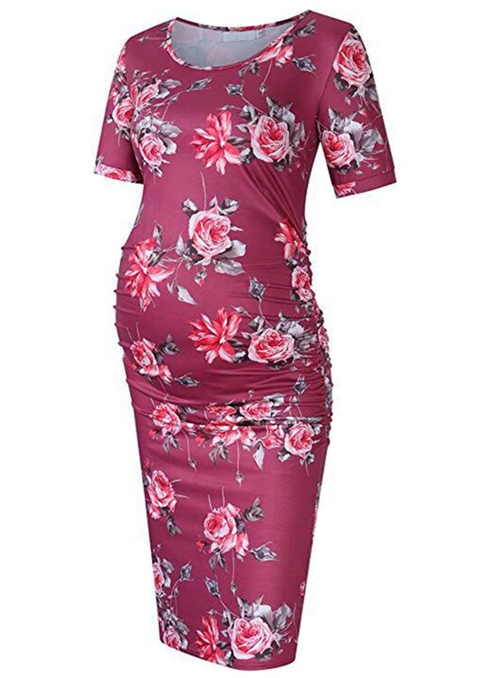 Summer Casual Women Short Sleeve Pregnant Maternity Dress Knee Length Flower Maternity Clothes Pregnancy Dress