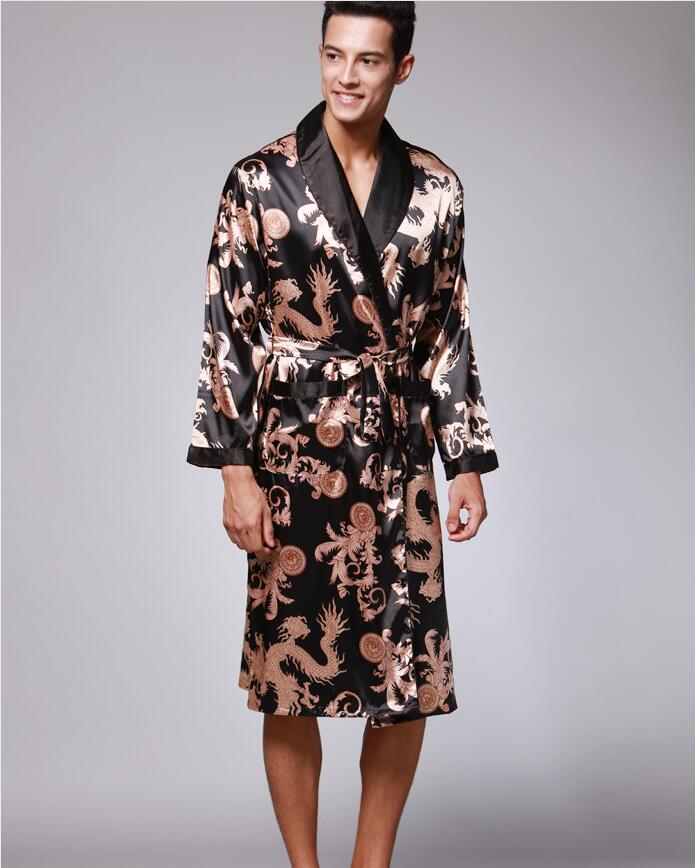 YT- 027 Spring Autumn Luxury Bathrobe Mens Print Plus Size Satin Pajamas Silk Nightgown