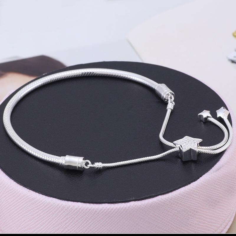 Original Moments Pave Star & Snake Chain Sliding Bracelet Bangle Fit 925 Sterling Silver Bracelet Bead Charm Diy Europe Jewelry