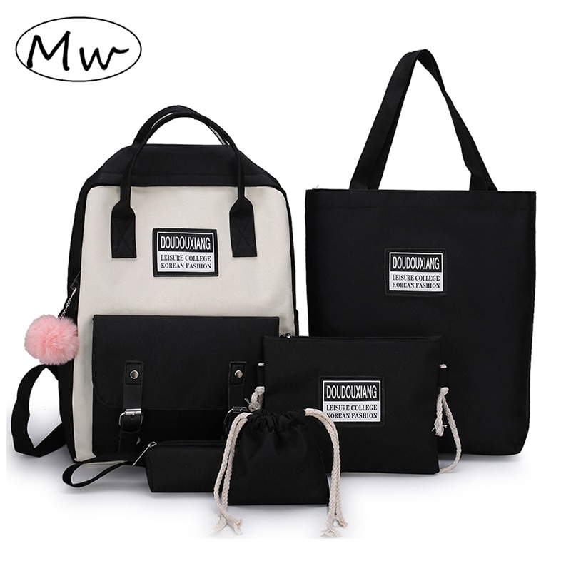 5 pièces/ensemble toile sacs d'école pour adolescentes couleur unie voyage sac à dos femmes Bookbags étudiant sac à dos sac à dos MD0158