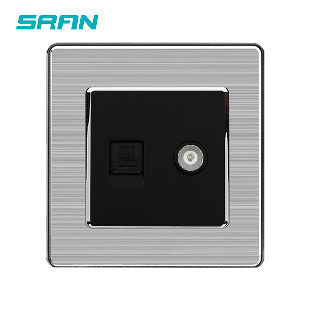 SRAN Factory Outlet Wall Weak Power Socket TV & Computer Dual Socket Material Universal Stainless steel panel material: Black