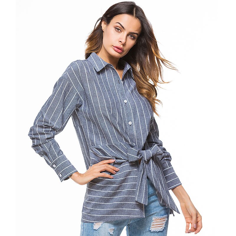Las mujeres blusa de rayas camisa túnica blusa solapa de manga larga de rayas camisas Tops de oficina de mujer Blusas Camisa larga para las mujeres