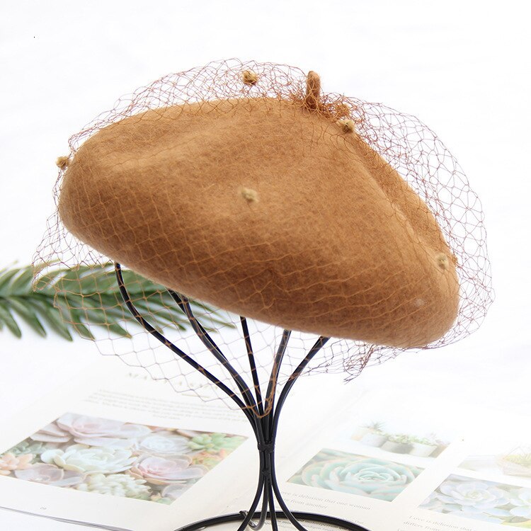 Boina de malla para mujer, gorro de pintor Camel, gorros Vintage con velo, gorro de invierno suave para artista francés, boina: camel
