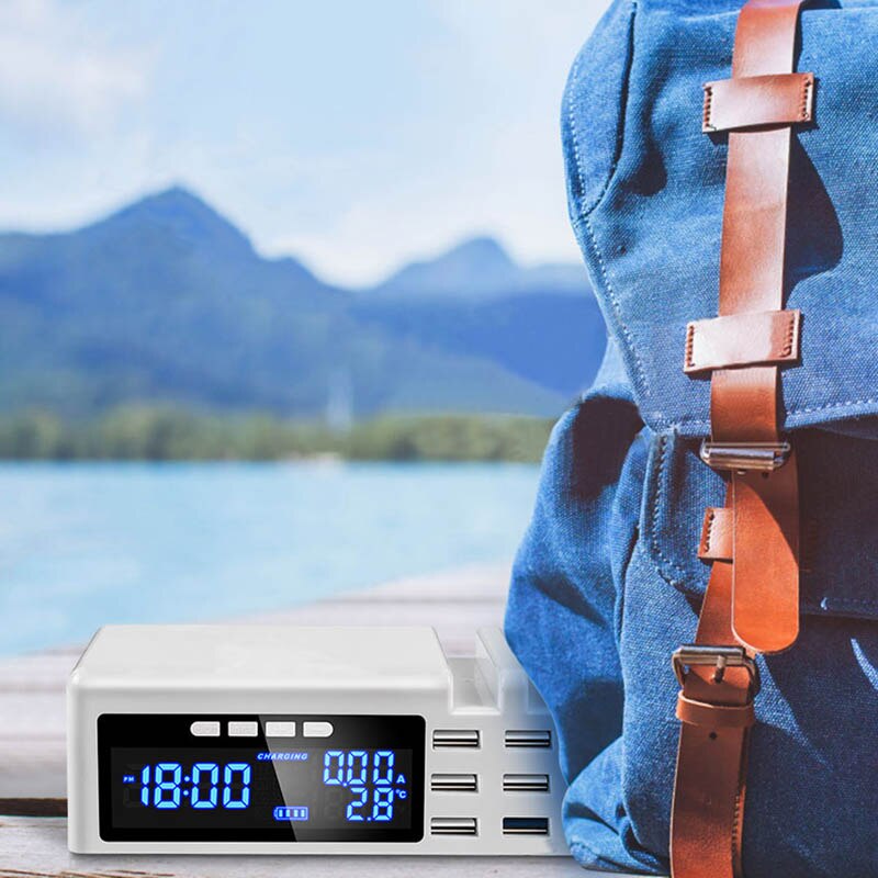 Usb-lader 6 -poorts met tijd-temperatuurweergave usb-laadstation, dock, universele mobiele telefoon, desktop, wandcontactdoos, eu-stekker