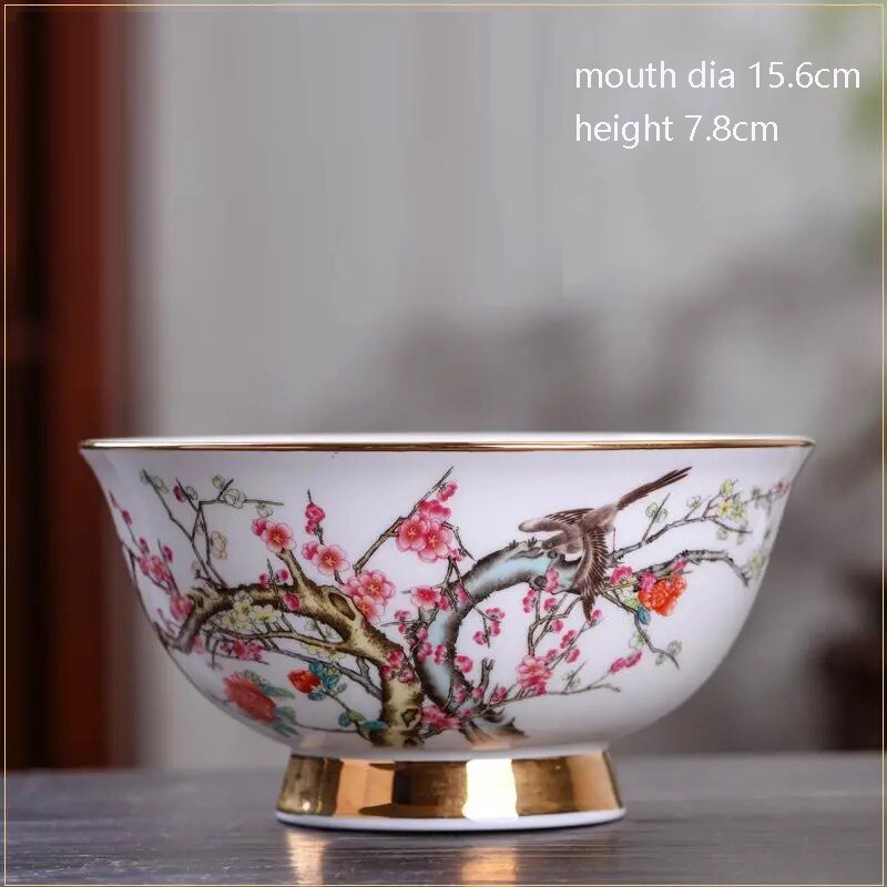 Jingdezhen Ceramic Antique Bowl Tableware Household Bowl Noodles Bowl Gold Painted Large Rice Bowl Soup Bowl High Foot Bowl: plum bowl x 1