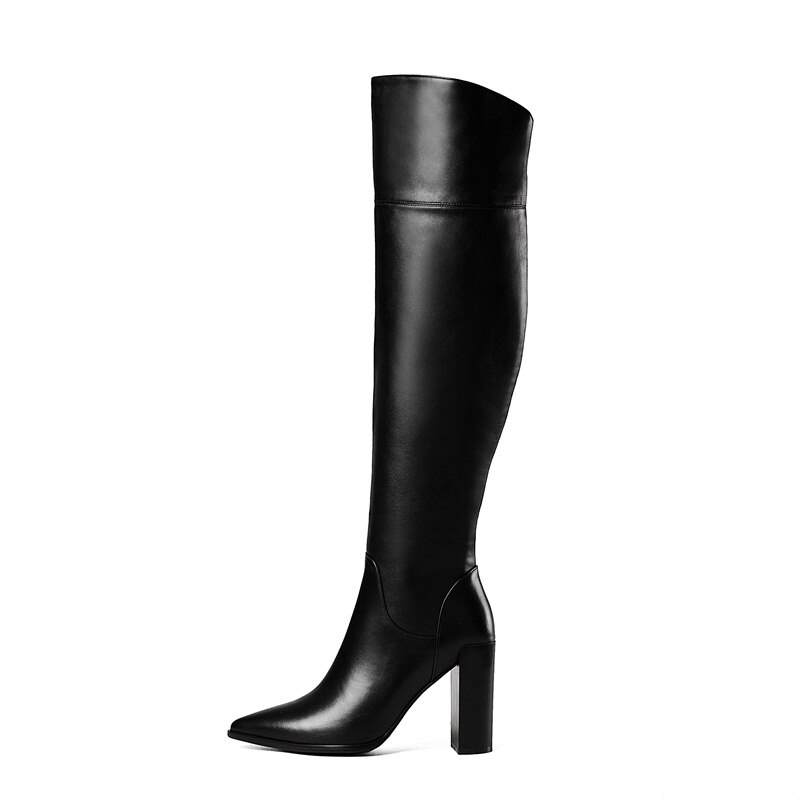 Schoenen Hoge Hakken Herfst Winter Knie Hoge Laarzen Vrouw Wees Teen Landingsbanen Warm Sneeuw Boot Lederen Cowboy Sexy Vrouwen schoenen: black / 35