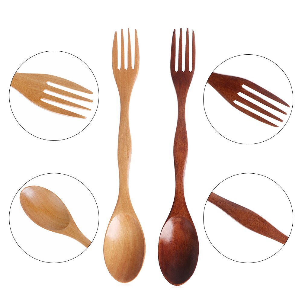 2 in1 specialbestick av naturligt trä bestick dubbelsidigt soppsked gaffel middagsservis set bestick av trä
