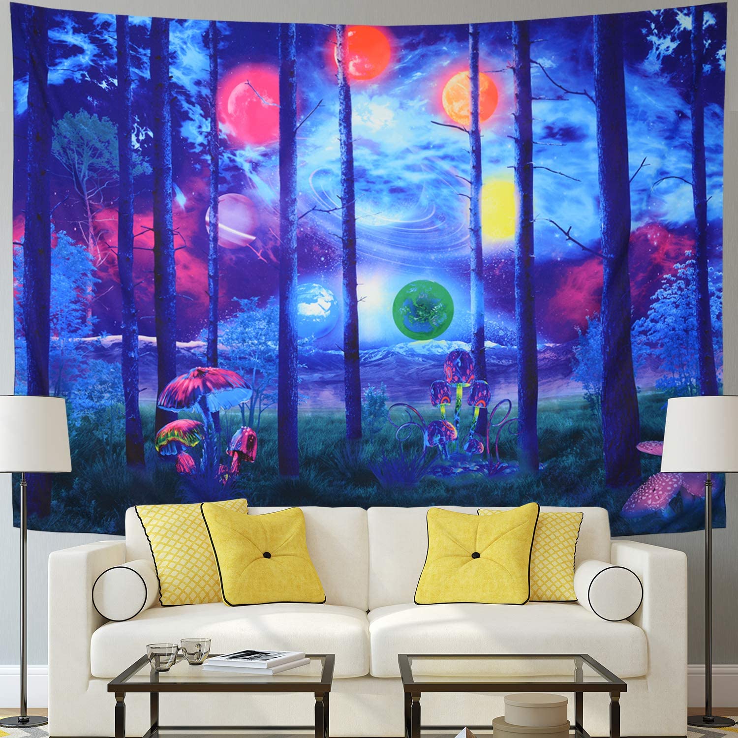 Psychodeliczny las natura planeta góra błękitne niebo Trippy grzyb gobelin joga medytacja ściany wiszące robić sypialni